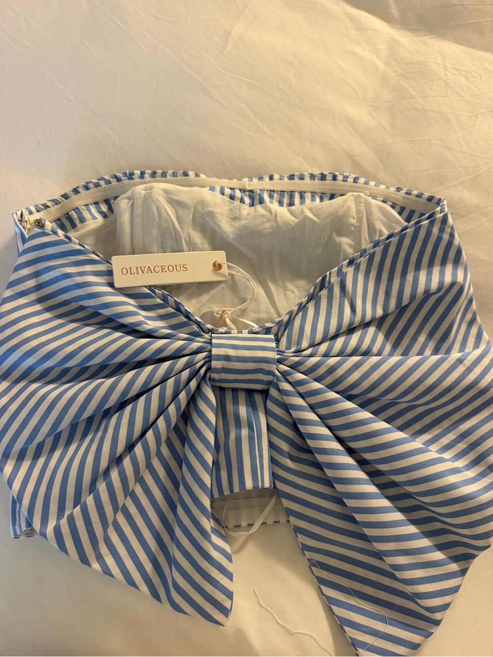 Olivaceous Blue & White Striped Strapless Bow Top